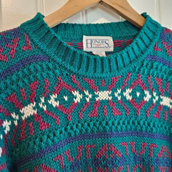 Vintage Honors Sweater Mens Large Green Knit 90s Geometric Preppy Retro Dad - Picture 4 of 9